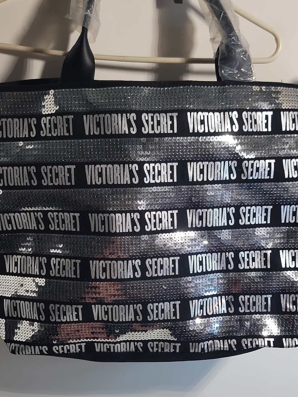 Victoria's Secret Black Sequin Logo Stripe Tote